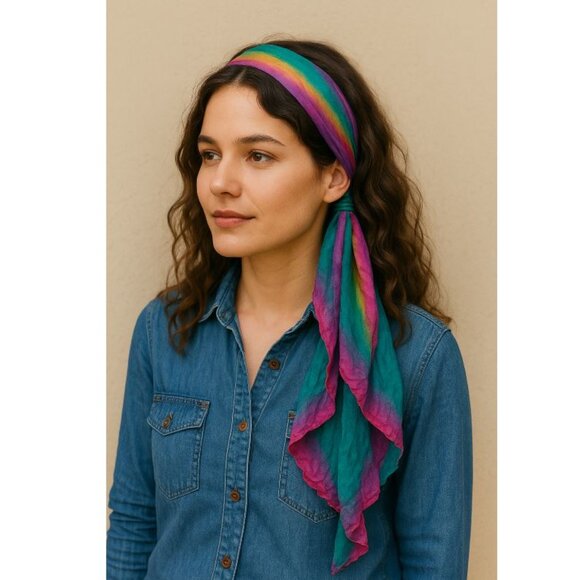 Silk Rainbow Scarf Hand Dyed Stripe Multicolor Ruffle Shawl Artsy Maximalist - Picture 1 of 6